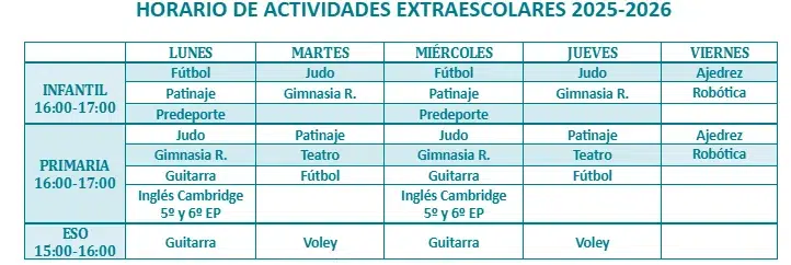 Horario actividades extraescolares 25/26
